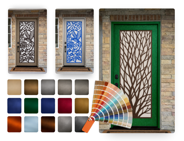 Custom color and two-tone frame options for Den Defenders Artisan security doors showing multiple finishes and design combinations